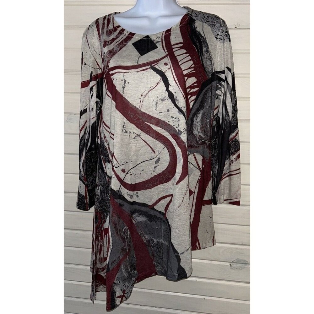 Jess & Jane Sz SMALL Art To Wear Tunic Burgundy Pink Swirls Asymmetric Hem EUC